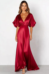 Rotes Etui Kurzärmeliges Satin Festlich Kleid mit tiefem V-Ausschnitt